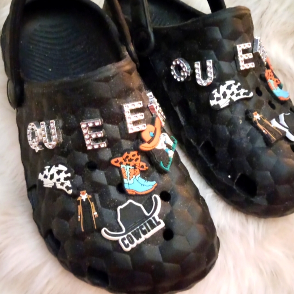 Black Cowgirl Themed Clogs with Rhinestone Letters